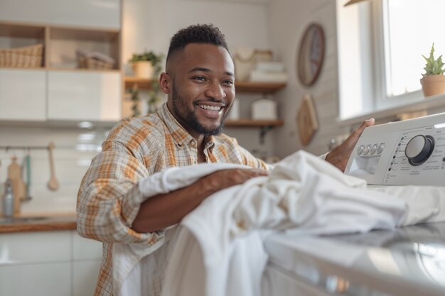 Ritratto di un uomo moderno che esegue le faccende domestiche in un'atmosfera gentile e sognante