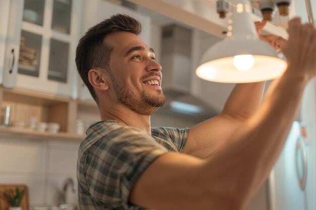 Ritratto di un uomo moderno che esegue le faccende domestiche in un'atmosfera gentile e sognante