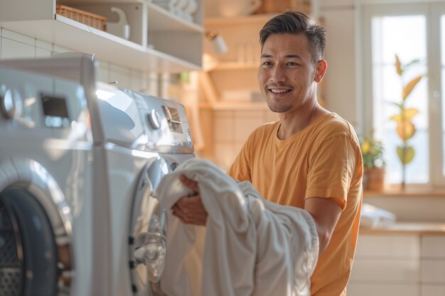 Ritratto di un uomo moderno che esegue le faccende domestiche in un'atmosfera gentile e sognante