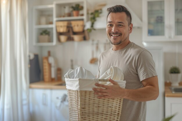 Ritratto di un uomo moderno che esegue le faccende domestiche in un'atmosfera gentile e sognante