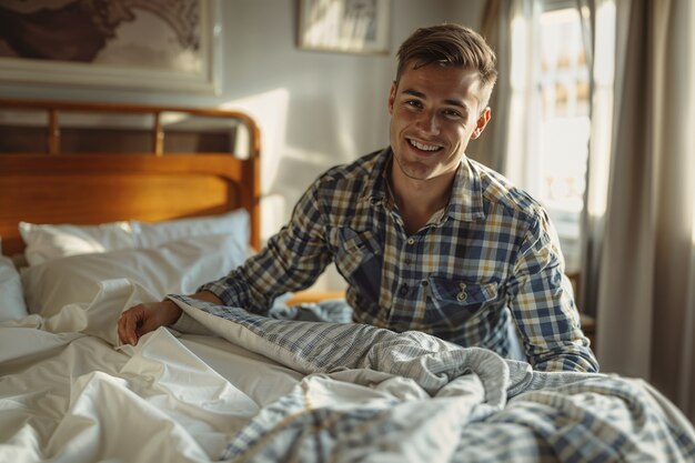 Ritratto di un uomo moderno che esegue le faccende domestiche in un'atmosfera gentile e sognante