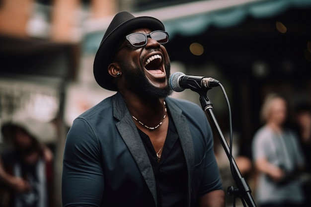 Ritratto di un uomo sorridente mentre canta