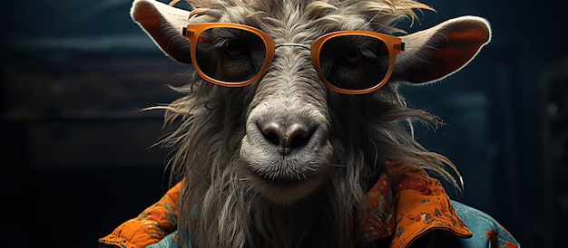 Ritratto di una capra che indossa occhiali da sole arancioni Girato in uno studio