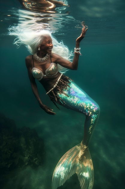 Ritratto di una donna anziana in fantasia come sirena