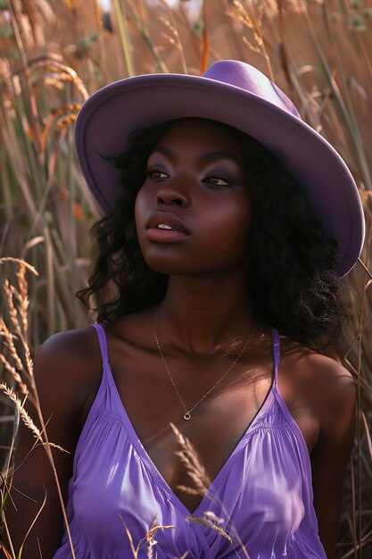 Ritratto di una donna che indossa abiti di moda color lavanda per il colore dell'anno