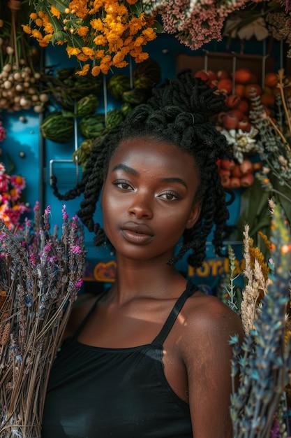 Ritratto di una donna che lavora in un negozio di fiori secchi