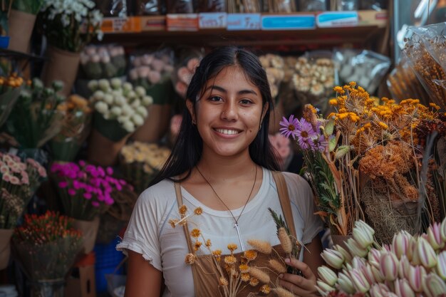 Ritratto di una donna che lavora in un negozio di fiori secchi