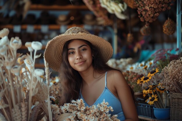 Ritratto di una donna che lavora in un negozio di fiori secchi