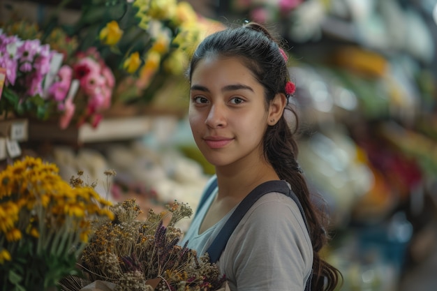 Ritratto di una donna che lavora in un negozio di fiori secchi