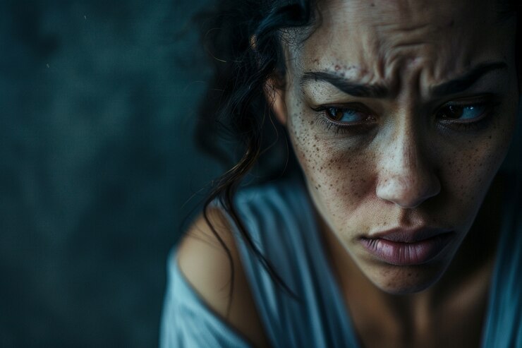 Ritratto di una donna che mostra forti emozioni per la consapevolezza della salute mentale