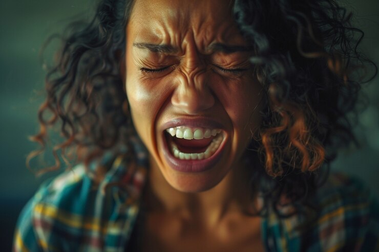 Ritratto di una donna che mostra forti emozioni per la consapevolezza della salute mentale