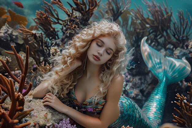 Ritratto di una donna come una fantastica creatura sirena con coda