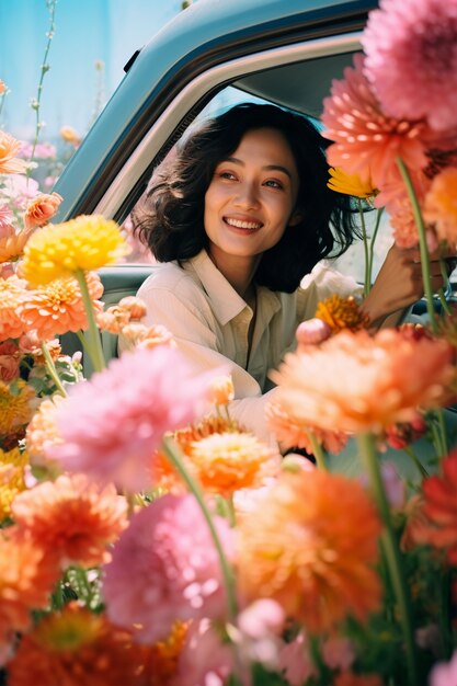 Ritratto di una donna con fiori primaverili in fiore