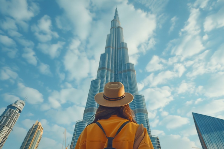 Foto gratuito ritratto di una donna in visita nella lussuosa città di dubai