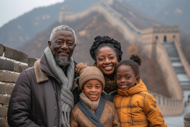 Ritratto di una famiglia di turisti che visitano la Grande Muraglia Cinese