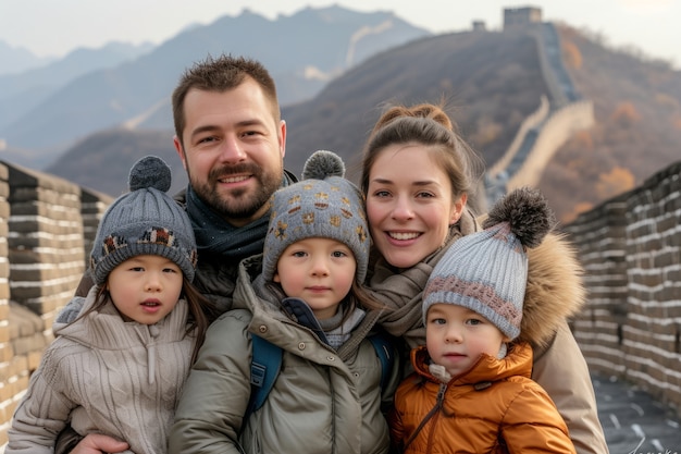 Ritratto di una famiglia di turisti che visitano la Grande Muraglia Cinese