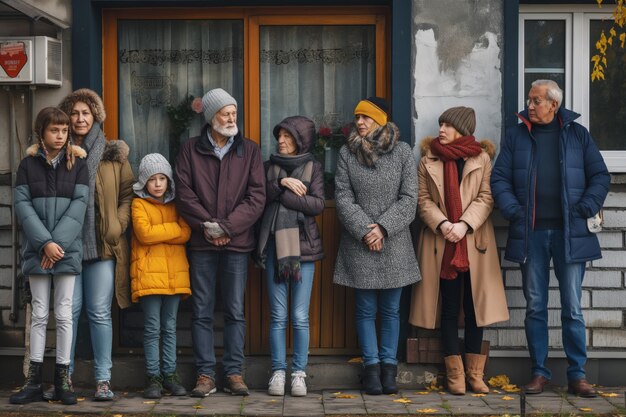 Ritratto di una famiglia multigenerazionale che condivide lo spazio domestico a causa dei prezzi elevati delle abitazioni