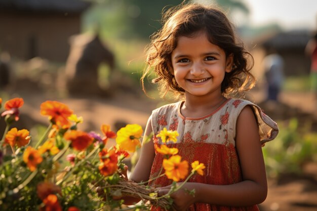 Ritratto di una giovane ragazza al campo di fiori