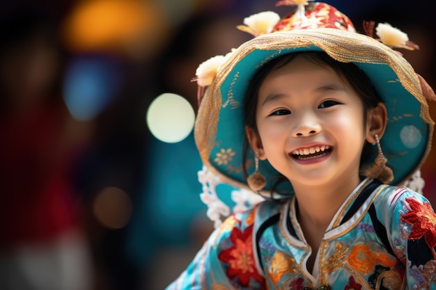 Ritratto di una giovane ragazza con abiti tradizionali asiatici