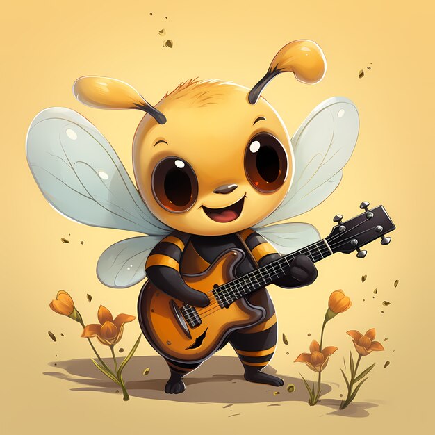 Ritratto di una graziosa api animata con la chitarra