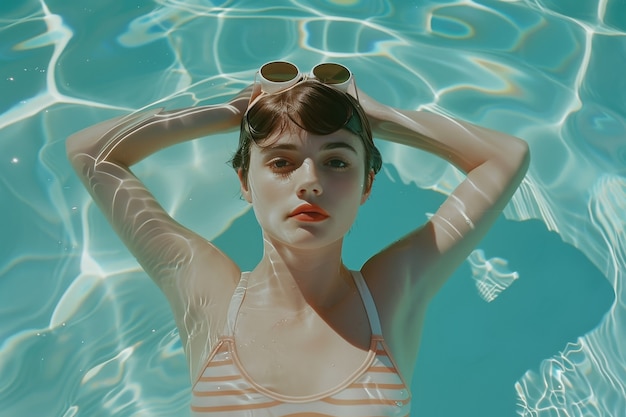 Ritratto di una nuotatrice con un'estetica ispirata agli anni '80