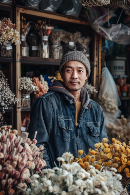 Ritratto di una persona che lavora in un negozio di fiori secchi