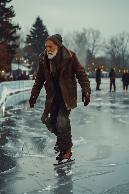 Ritratto di una persona che pattina sul ghiaccio all'aperto durante l'inverno