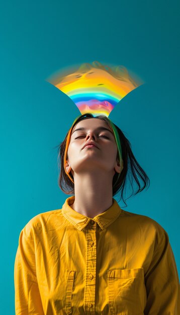 Ritratto di una persona con i colori dell'arcobaleno che simboleggiano i pensieri del cervello ADHD