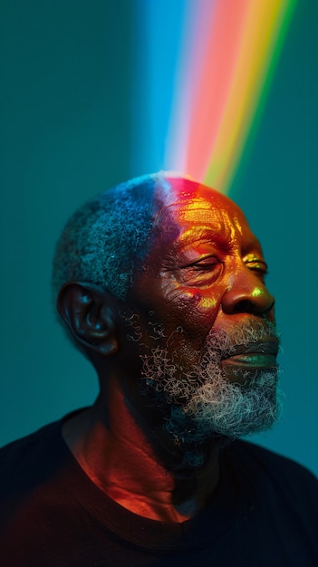 Ritratto di una persona con i colori dell'arcobaleno che simboleggiano i pensieri del cervello ADHD