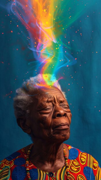 Ritratto di una persona con i colori dell'arcobaleno che simboleggiano i pensieri del cervello ADHD