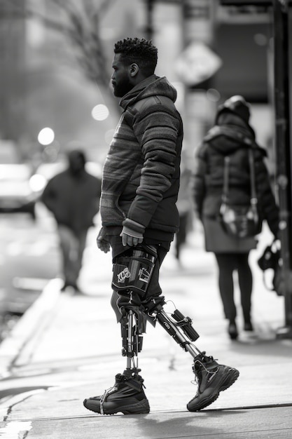 Ritratto di una persona con una parte del corpo bionica futuristica