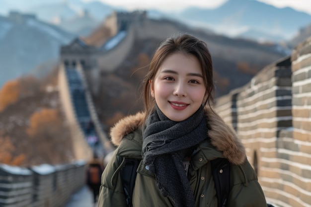 Ritratto di una turista che visita la Grande Muraglia Cinese