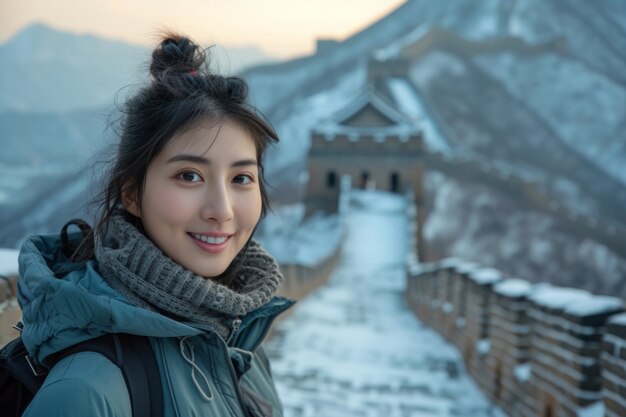 Ritratto di una turista che visita la Grande Muraglia Cinese