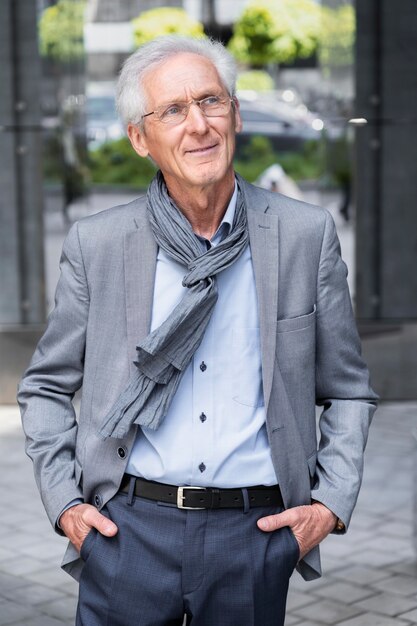 Ritratto di uomo anziano alla moda in città
