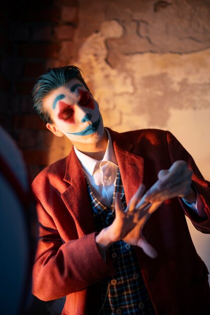 Ritratto di uomo con trucco da clown spaventoso