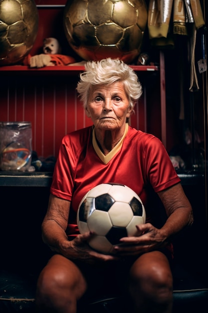 Ritratto di vecchia nonna con pallone da calcio