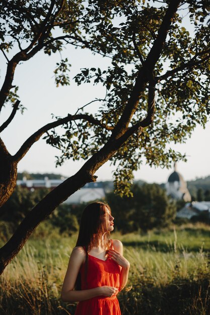 Ritratto femminile La donna affascinante in vestito rosso sta sotto il ol