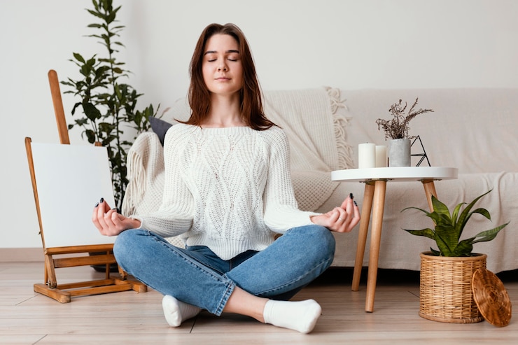 Foto gratuito ritratto femminile meditando dell'interno