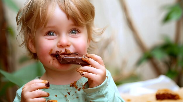 Ritratto fotorealistico di un bambino che mangia cioccolato gustoso e dolce