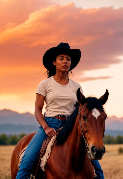 Ritratto fotorealistico di una cowboy al tramonto