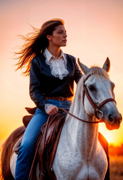 Ritratto fotorealistico di una cowboy al tramonto