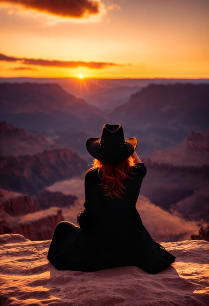 Ritratto fotorealistico di una cowboy al tramonto