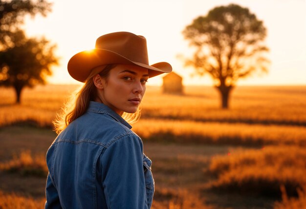 Ritratto fotorealistico di una cowboy al tramonto