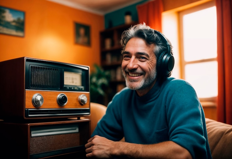 Foto gratuito ritratto fotorealistico di una persona che ascolta la radio in occasione della celebrazione della giornata mondiale della radio