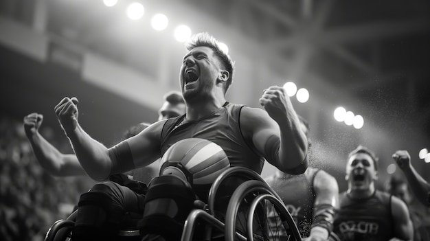 Ritratto in bianco e nero di un atleta che gareggia ai campionati paralimpici