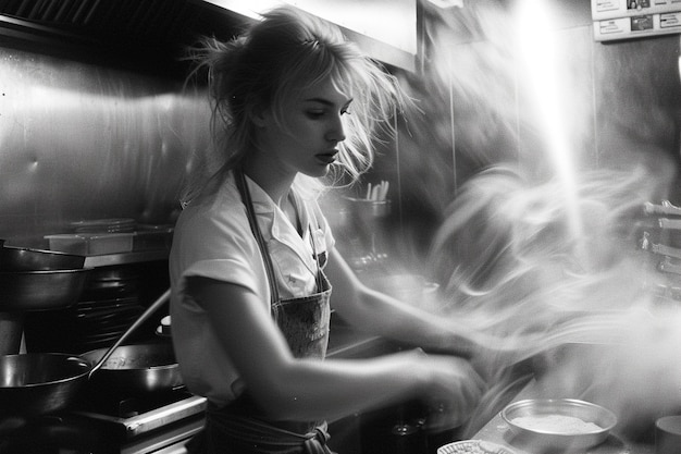 Ritratto in bianco e nero di una donna che lavora per la celebrazione della Giornata del Lavoro