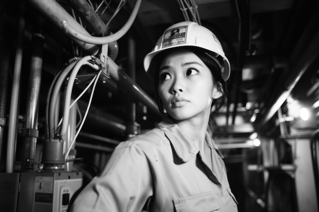 Ritratto in bianco e nero di una donna che lavora per la celebrazione della Giornata del Lavoro