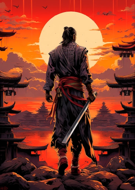 Ritratto in stile anime di un personaggio samurai giapponese tradizionale
