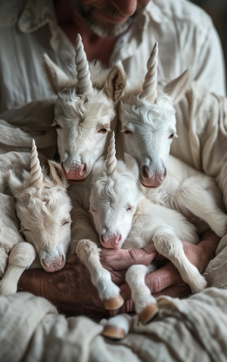 Foto gratuito ritratto in stile cinematografico di un uomo con un unicorno surreale mistico