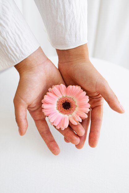 Ritratto in studio con le mani che tengono fiore rosa